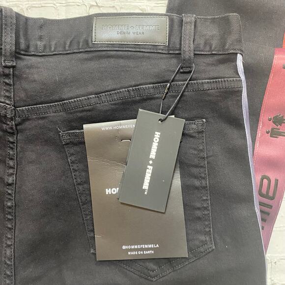 Homme + Femme Mens Jeans SZ 38 Black LA Streetwear Slim Fit Stretch Logo Stripes - Picture 5 of 6